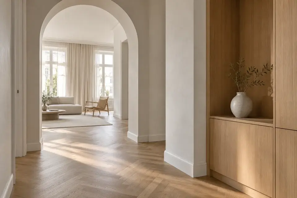Visualisierung eines sanierten Flurs mit Rundbogen und Parkett