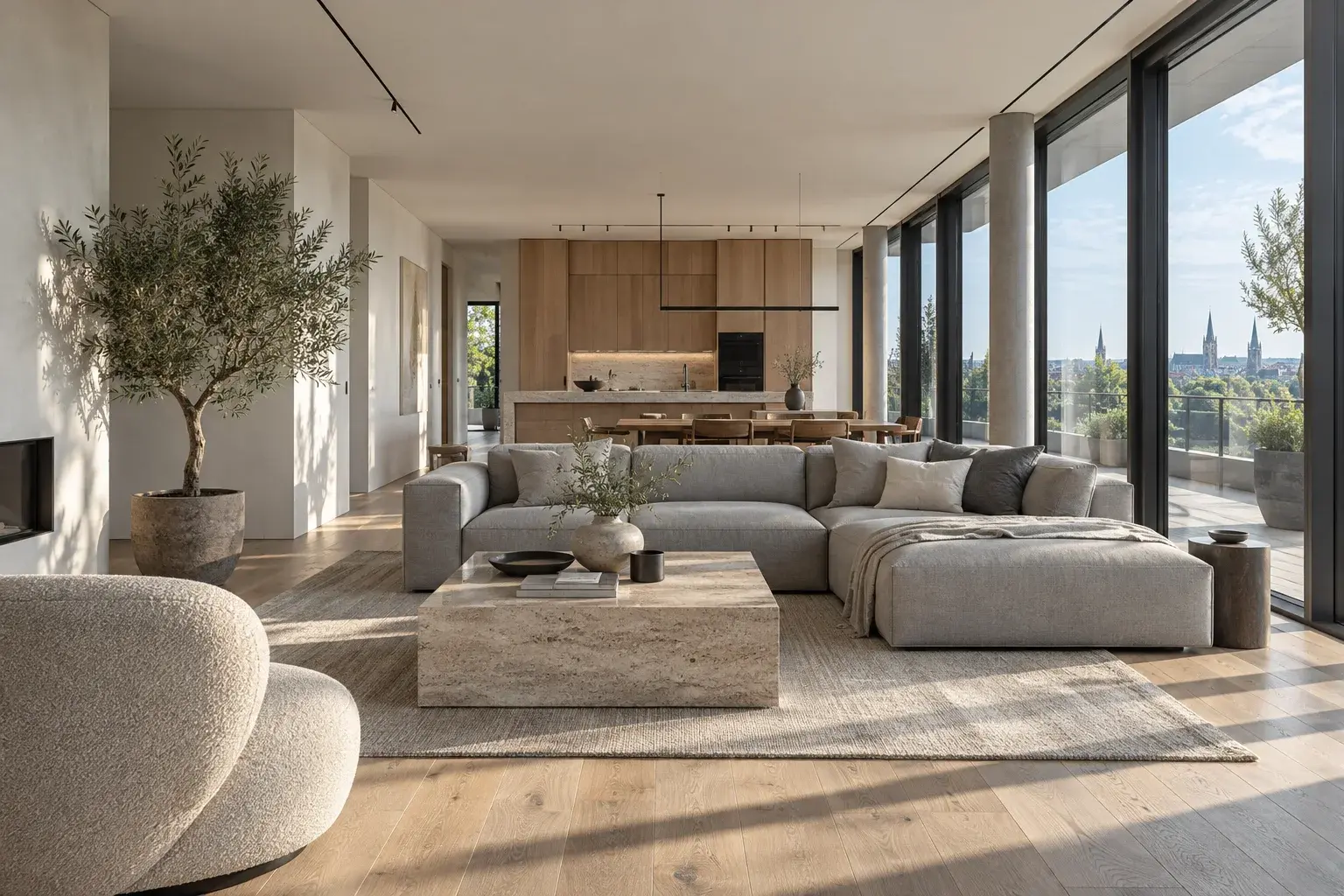 Architekturvisualisierung eines hellen Wohnraums mit Eichenboden, grauem Sofa und großen Fenstern